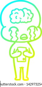 dibujo de línea de gradiente frío de una caricatura de un gran alien del cerebro llorando