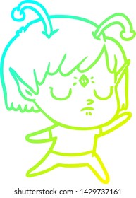 cold gradient line drawing of a cartoon alien girl