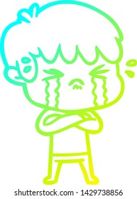 dibujo de una línea de gradiente frío de un niño de caricatura llorando