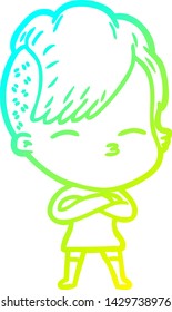 cold gradient line drawing of a cartoon squinting girl