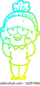 cold gradient line drawing of a cartoon happy old lady