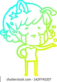 cold gradient line drawing of a cartoon crying alien girl
