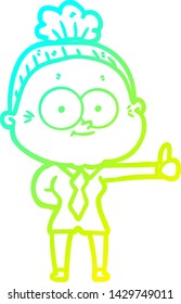 cold gradient line drawing of a cartoon happy old woman