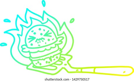 cold gradient line drawing of a cartoon burger on spatula
