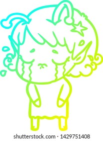 cold gradient line drawing of a cartoon crying alien girl