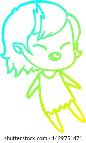 cold gradient line drawing of a cartoon laughing vampire girl floating