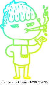 cold gradient line drawing of a cartoon man smoking