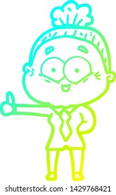 cold gradient line drawing of a cartoon happy old woman