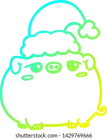 dibujo de una línea de degradado frío de un cerdo de dibujos animados con sombrero de navidad