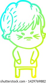 cold gradient line drawing of a cartoon frustrated woman