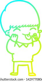 cold gradient line drawing of a cartoon boy blowing raspberry