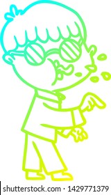 cold gradient line drawing of a cartoon boy wearing spectacles and making point