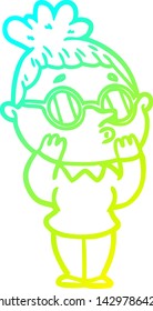 cold gradient line drawing of a cartoon woman wearing glasses