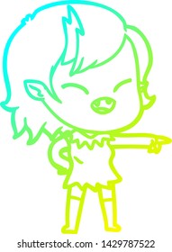 cold gradient line drawing of a cartoon vampire girl pointing and laughing
