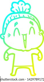 cold gradient line drawing of a cartoon happy old lady