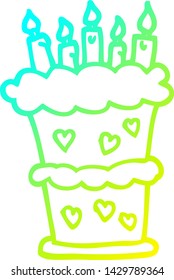 dibujo de línea de degradado frío de una tarta de cumpleaños de dibujos animados