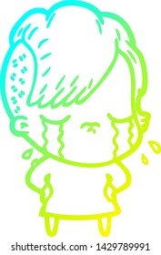 cold gradient line drawing of a cartoon crying girl