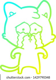 cold gradient line drawing of a cartoon crying cat