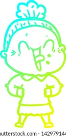 cold gradient line drawing of a cartoon happy old woman
