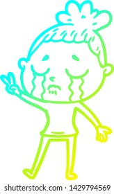 desenho de linha de gradiente frio de uma mulher chorando de desenho animado