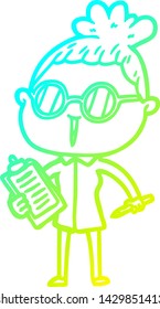 cold gradient line drawing of a cartoon woman wearing spectacles