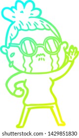 cold gradient line drawing of a cartoon crying woman wearing spectacles