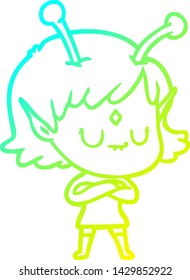 cold gradient line drawing of a cartoon alien girl