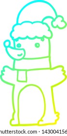 dibujo de una línea de gradiente frío de un oso de caricatura con sombrero de navidad