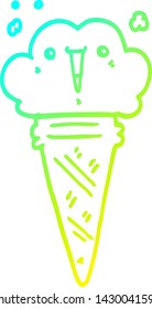 cold gradient line drawing of a cartoon ice cream with face