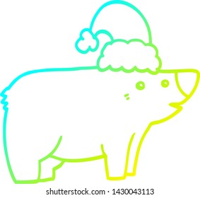 dibujo de una línea de gradiente frío de un oso de caricatura con sombrero de navidad