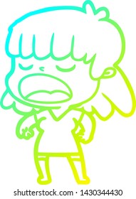 cold gradient line drawing of a cartoon woman talking loudly