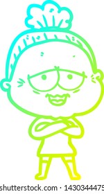 cold gradient line drawing of a cartoon happy old lady
