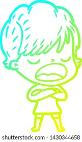 dibujo de línea de gradiente frío de una mujer de dibujos animados hablando
