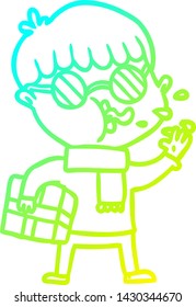 cold gradient line drawing of a cartoon boy wearing spectacles with christmas gift
