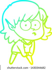 cold gradient line drawing of a cartoon elf girl staring and crouching
