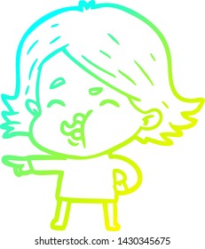 cold gradient line drawing of a cartoon girl pulling face