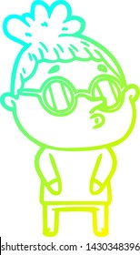 cold gradient line drawing of a cartoon woman wearing glasses