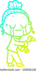 cold gradient line drawing of a cartoon crying old lady