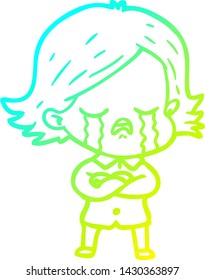 dibujo en línea de gradiente frío de una niña de dibujos animados llorando