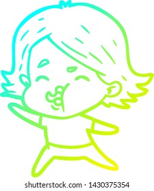 cold gradient line drawing of a cartoon girl pulling face
