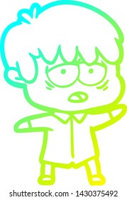 cold gradient line drawing of a cartoon exhausted boy