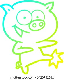 cold gradient line drawing of a cheerful dancing pig cartoon