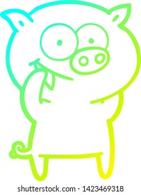 cold gradient line drawing of a cheerful pig cartoon