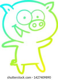 cold gradient line drawing of a cheerful pig cartoon