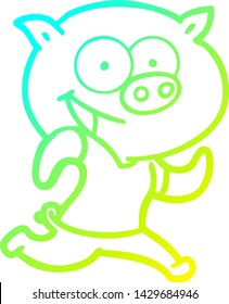 cold gradient line drawing of a cheerful pig exercising cartoon