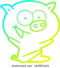 cold gradient line drawing of a cheerful sitting pig cartoon