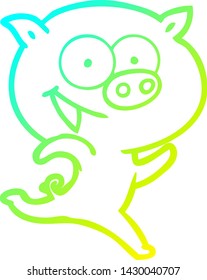 cold gradient line drawing of a cheerful running pig cartoon