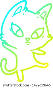 desenho de linha de gradiente frio de um gato de desenho animado confuso