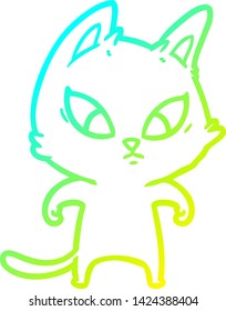 desenho de linha de gradiente frio de um gato de desenho animado confuso