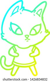 dibujo de línea de gradiente frío de un gato de dibujos animados confuso en ropa